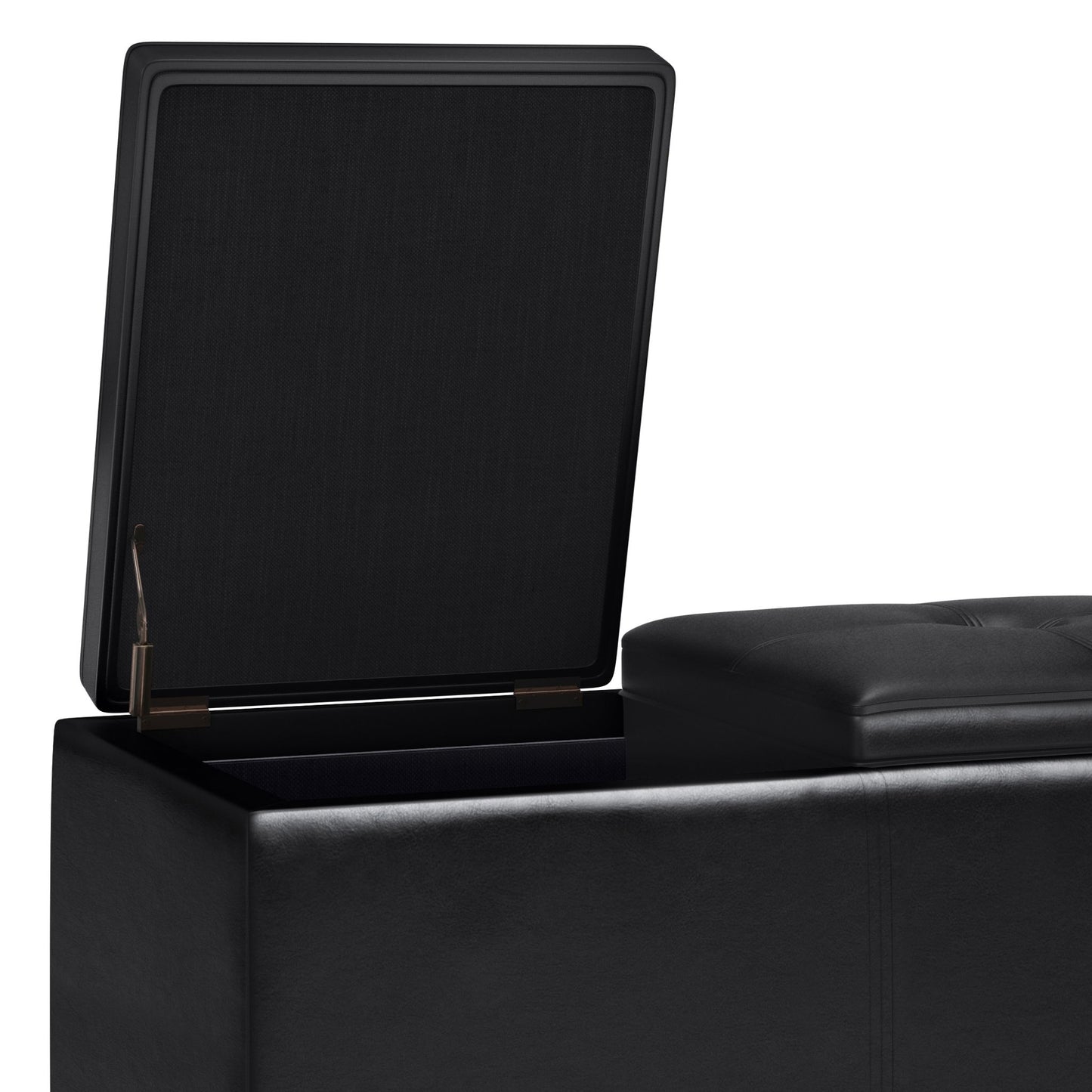 The Avalon Tray Storage Ottoman With Lift Up Lids in Midnight Black features a tufted surface, metal hinge support, and an open lid revealing an empty storage interior.