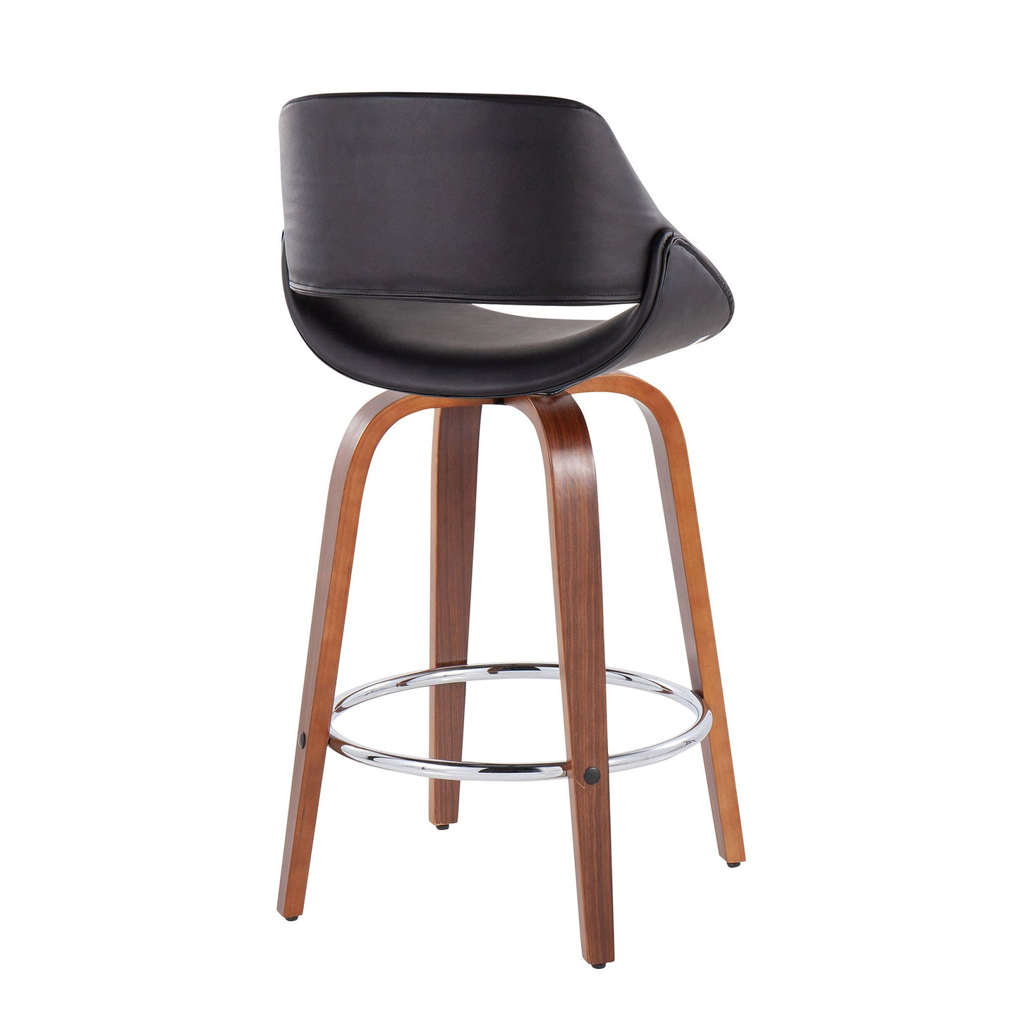 The Fabrico Fixed Height Counter Stool (Set of 2) features a curved black seat, wooden angled legs, a round chrome footrest, and a low backrest for a mid-century modern look.