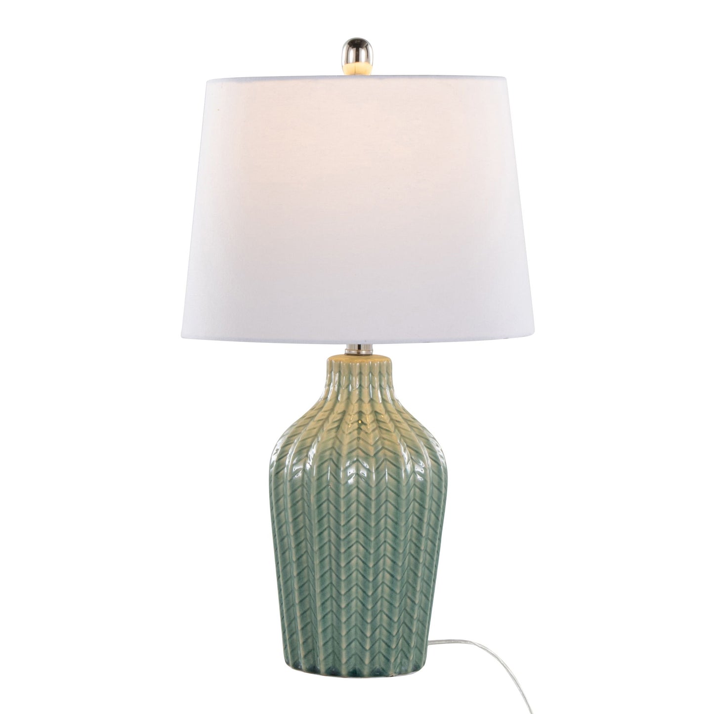 The Rockwell - Contemporary Table Lamp (Set of 2) features a textured green ceramic base, white fabric shade, and visible cord at the bottom right.