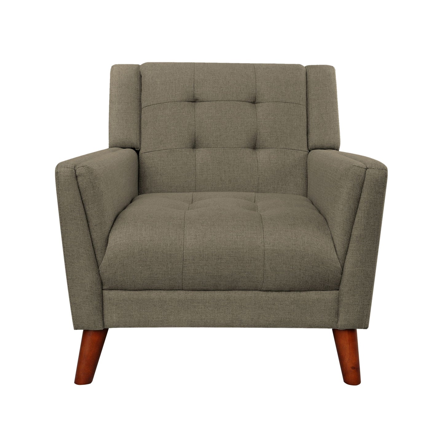 The Luminaesque Fabric Upholstered Armchair features light brown tufted upholstery, square lines, angled armrests, and four wooden legs, displayed from the front against a white background.