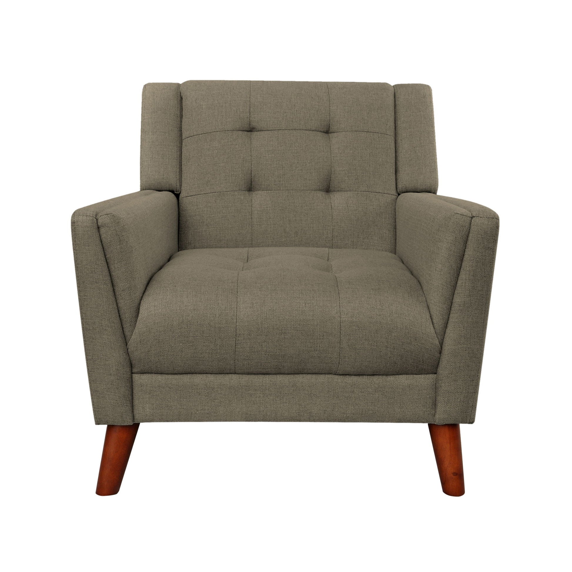The Luminaesque Fabric Upholstered Armchair features light brown tufted upholstery, square lines, angled armrests, and four wooden legs, displayed from the front against a white background.