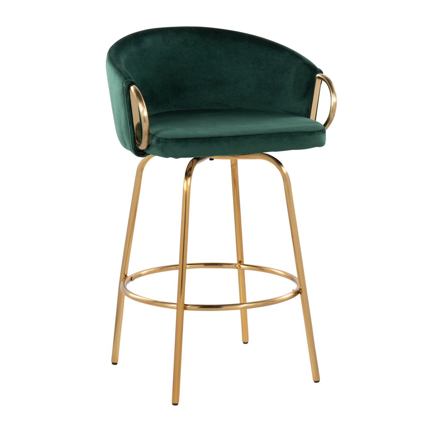 The Claire - Contemporary & Glam Counter Stool (Set of 2) features a green velvet cushioned seat and backrest, gold metal armrests, and gold metal legs with a circular footrest.