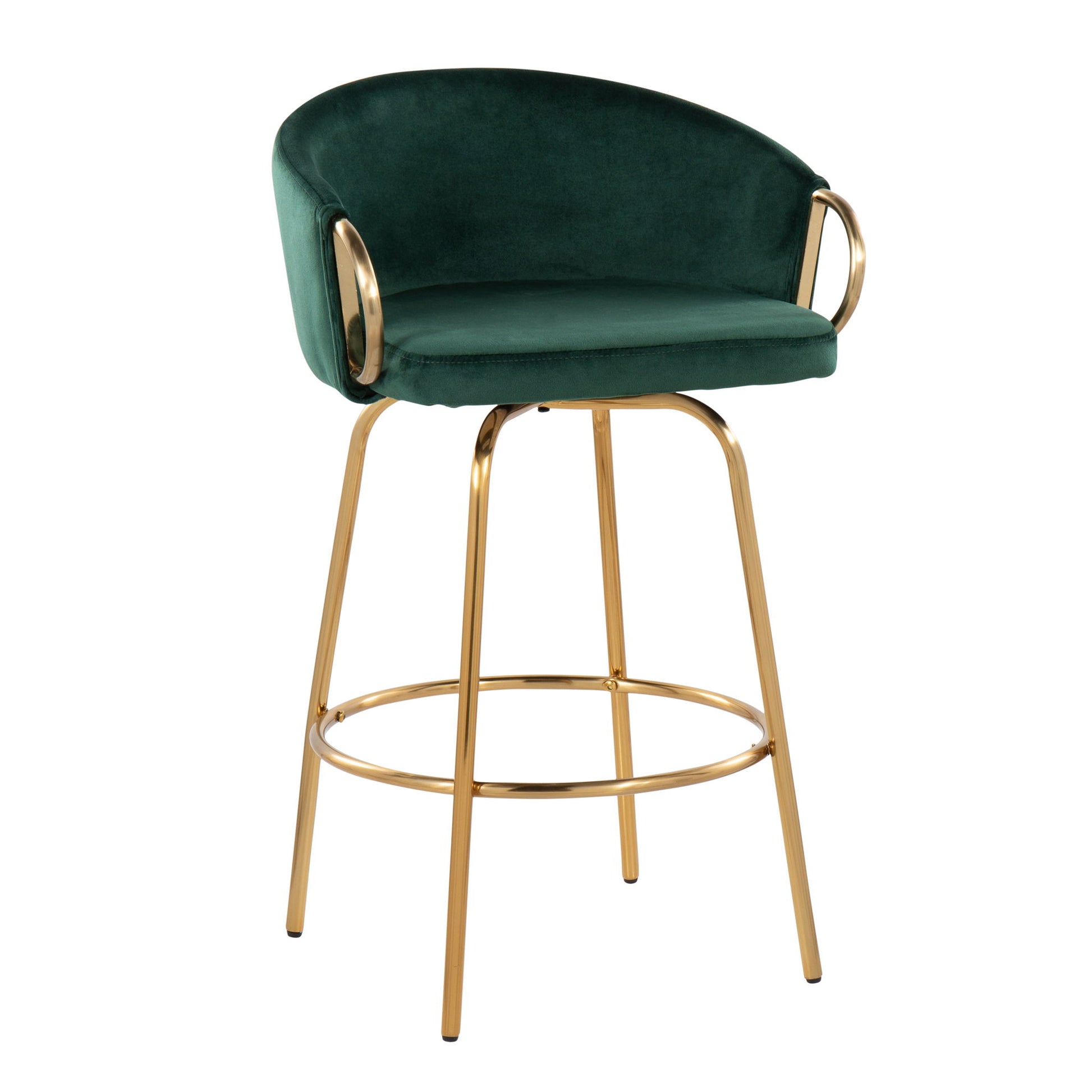 The Claire - Contemporary & Glam Counter Stool (Set of 2) features a green velvet cushioned seat and backrest, gold metal armrests, and gold metal legs with a circular footrest.
