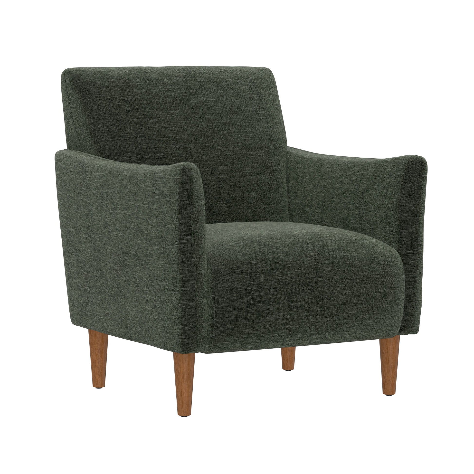 The Lexi Accent Chair features modern design with dark green upholstery, angled armrests, and four wooden legs, shown against a plain white background.