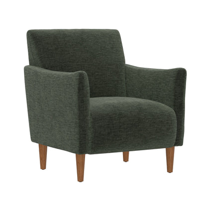 The Lexi Accent Chair features modern design with dark green upholstery, angled armrests, and four wooden legs, shown against a plain white background.