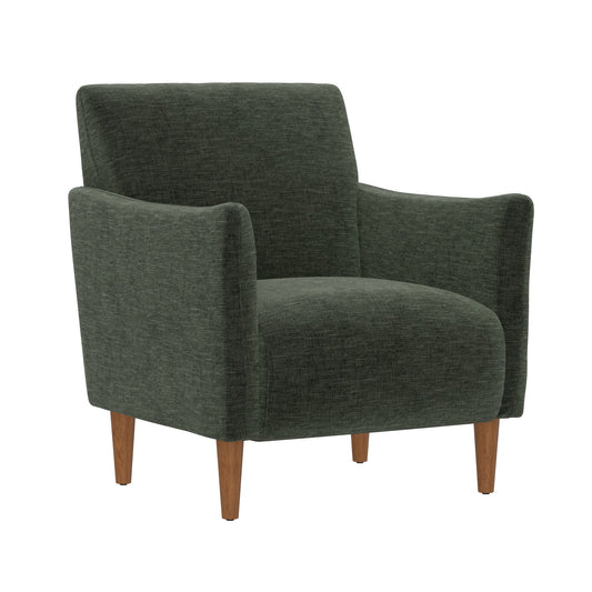 The Lexi Accent Chair features modern design with dark green upholstery, angled armrests, and four wooden legs, shown against a plain white background.