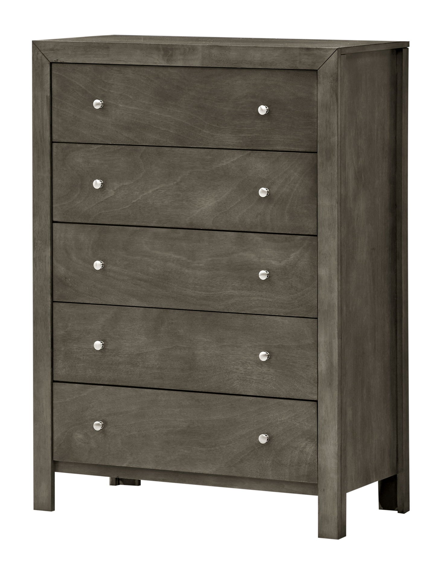 The Modern Elegant Transitional Storage Chest is a tall, rectangular dresser with a gray wooden finish, five drawers with dual round metal knobs, and short legs for sturdy support.