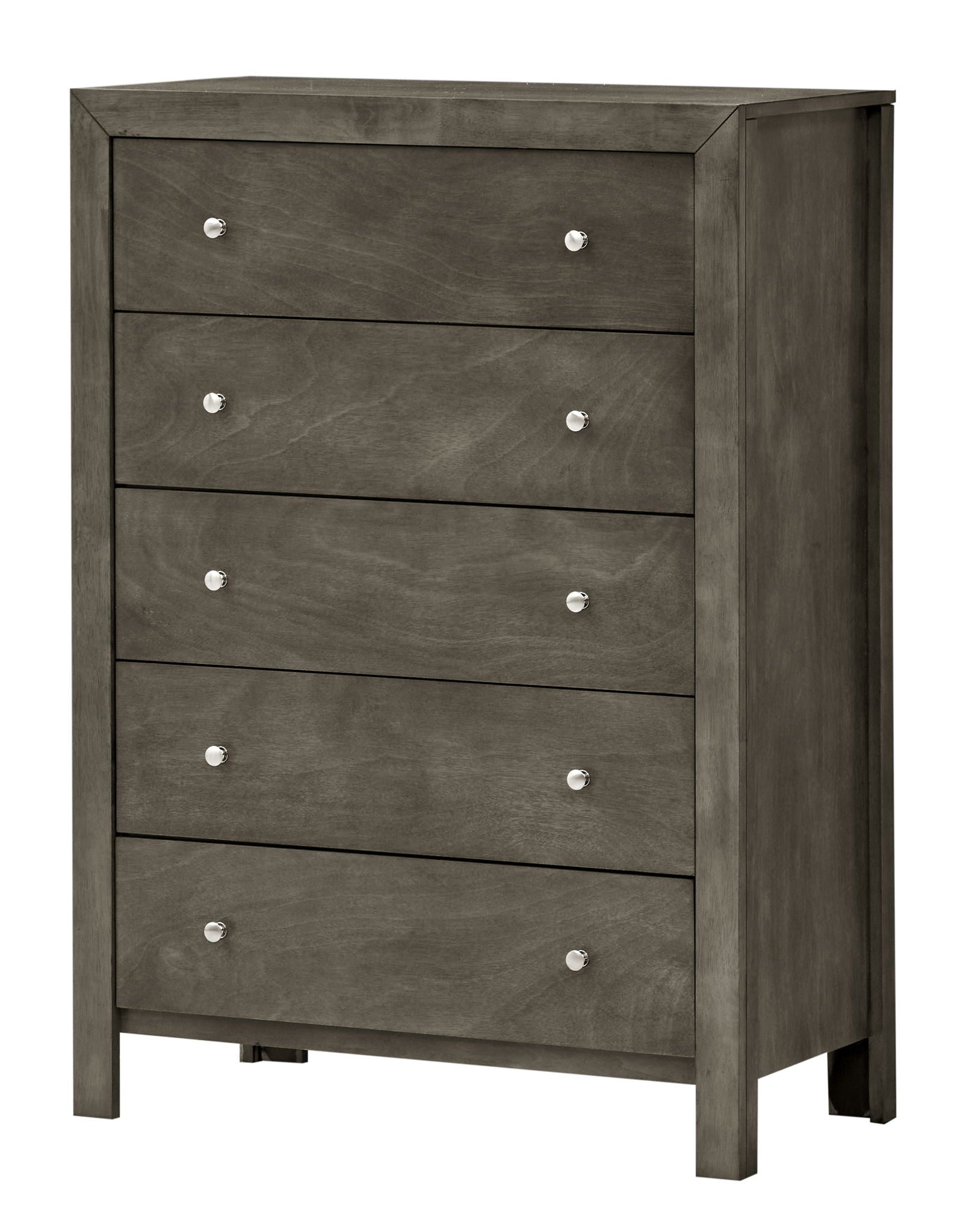 The Modern Elegant Transitional Storage Chest is a tall, rectangular dresser with a gray wooden finish, five drawers with dual round metal knobs, and short legs for sturdy support.