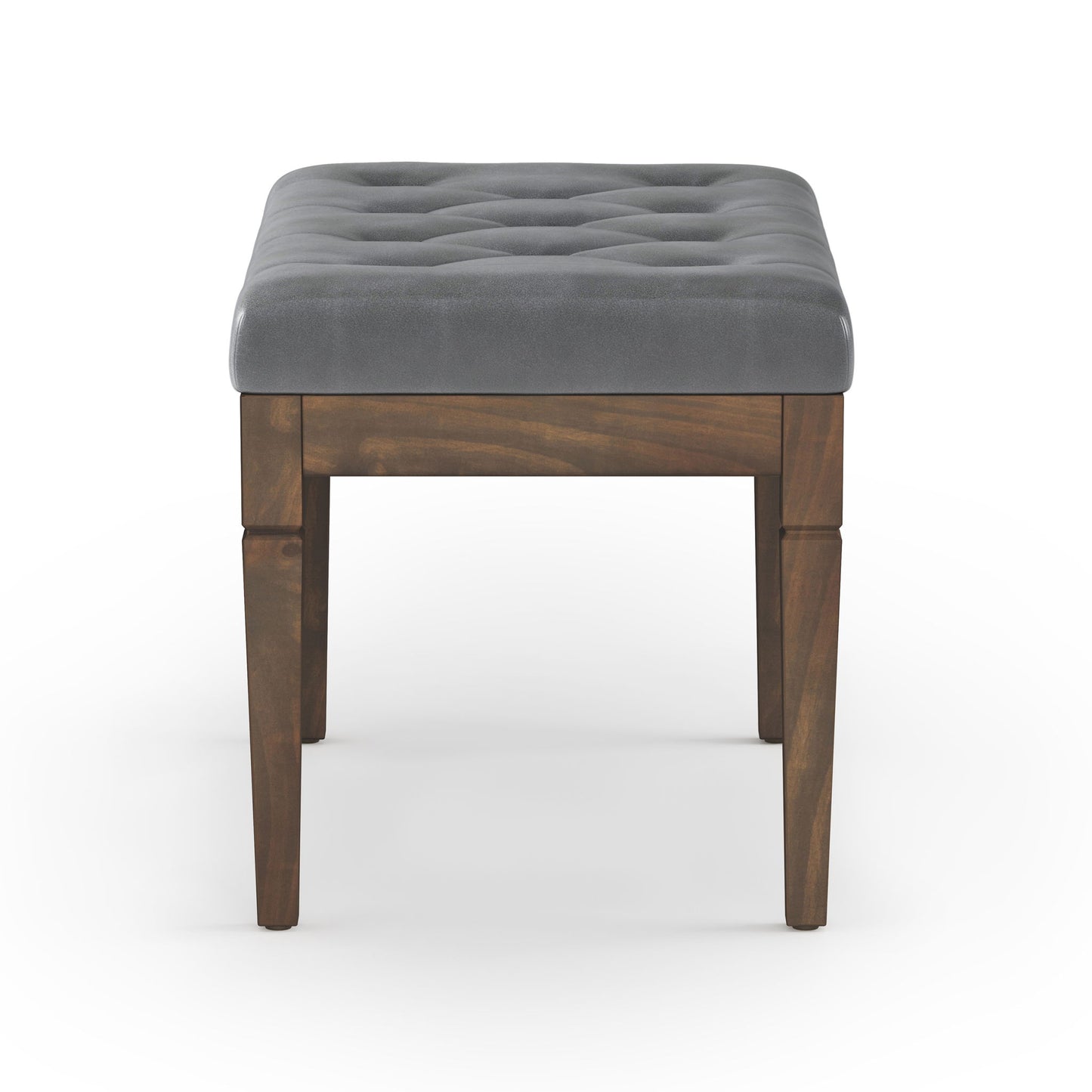 The Waverly Upholstered Tufted Ottoman Bench features a rectangular wooden frame with four legs and a padded gray cushion, shown from the front against a white background.