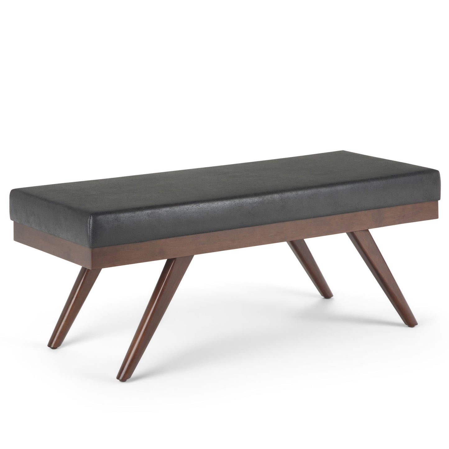 The Chanelle Mid-Century Ottoman Bench features a rectangular black cushioned seat and four angled wooden legs in a dark brown finish, shown against a plain white background.