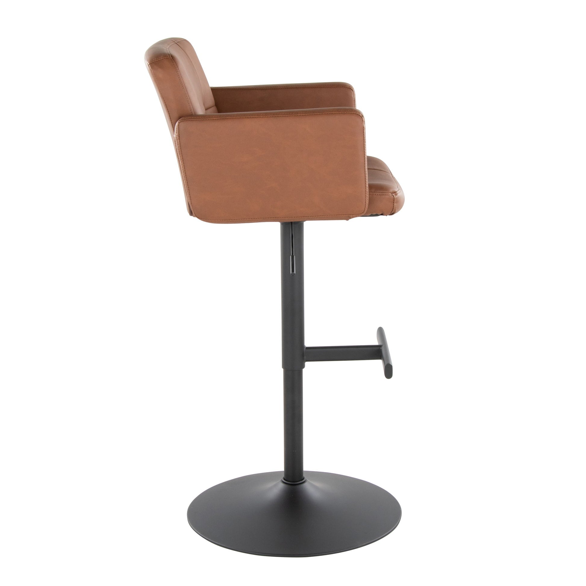 Side view of the Stout - Contemporary Adjustable Barstool With Swivel, featuring a brown cushioned seat and backrest, black metal base, footrest, and an adjustable height mechanism.