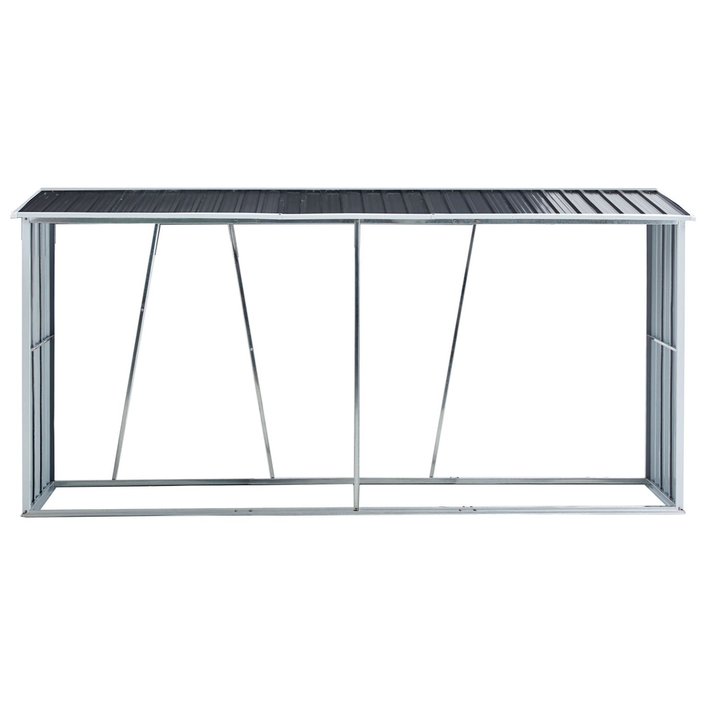 The Firewood Rack is a galvanized steel outdoor log holder with a slanted roof and open sides, ideal for storing firewood. Its rectangular frame and sturdy supports provide stable storage for your backyard, garden, patio, or porch.