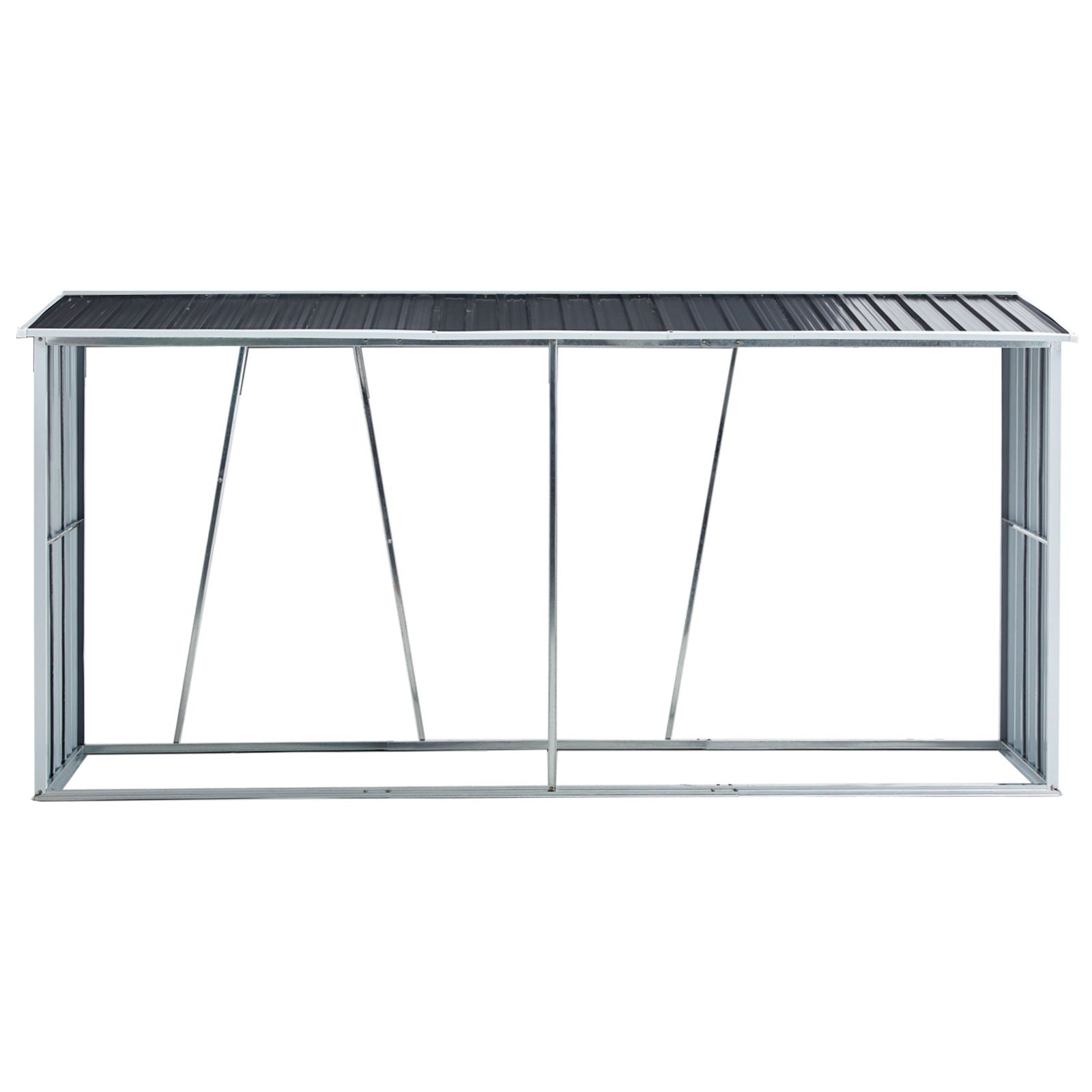 The Firewood Rack is a galvanized steel outdoor log holder with a slanted roof and open sides, ideal for storing firewood. Its rectangular frame and sturdy supports provide stable storage for your backyard, garden, patio, or porch.