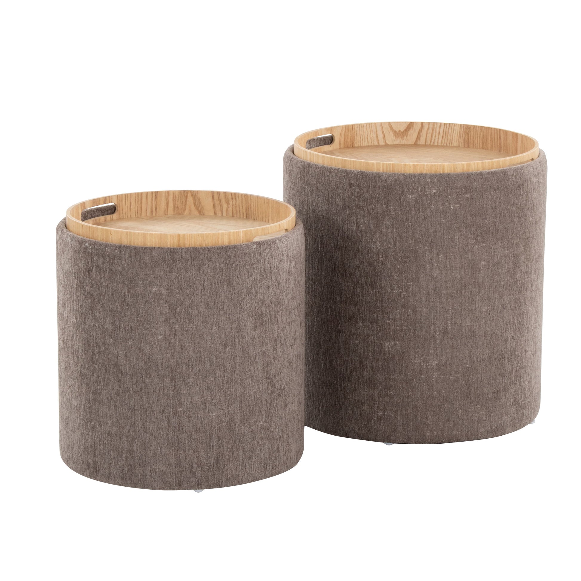 The Tray - Contemporary Nesting Ottoman Set includes two beige, fabric-covered ottomans in different sizes, each with a light wood tray featuring cut-out handles. These modern pieces offer versatile, minimalist style for any space.