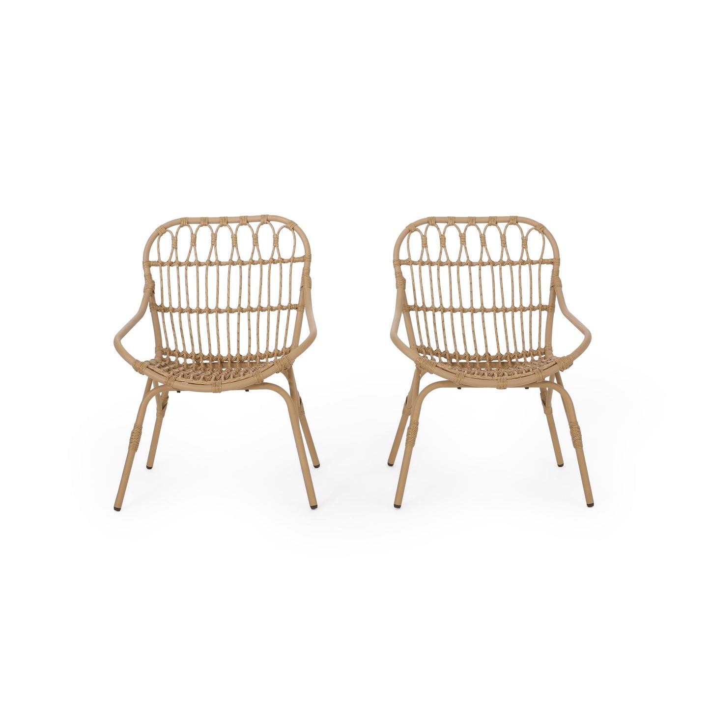 Two Monsoon Outdoor Accent Chairs with curved backs, open weave design, and angled legs are shown against a plain white background.