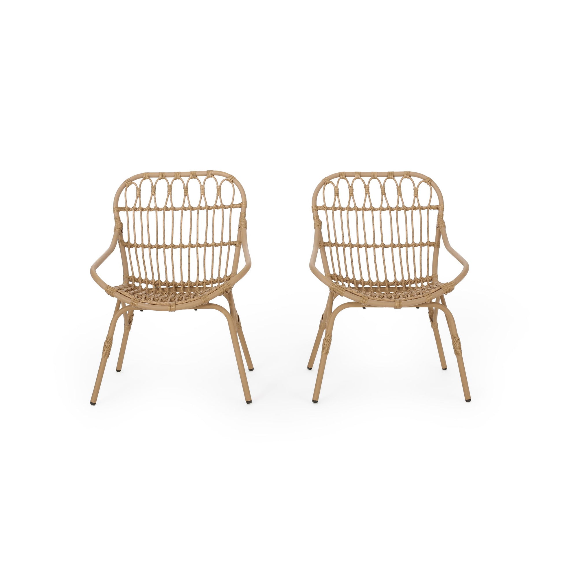 Two Monsoon Outdoor Accent Chairs with curved backs, open weave design, and angled legs are shown against a plain white background.