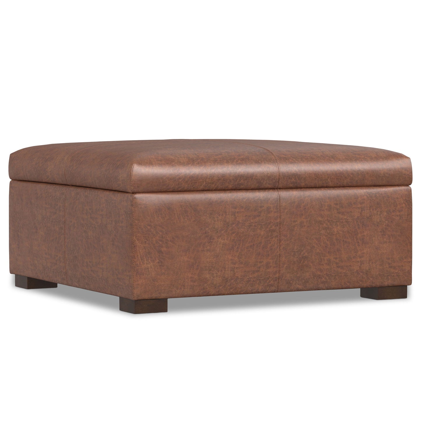 The Gabbie Coffee Table Upholstered Storage Ottoman is a large, square, brown leather piece with visible seams and short, dark wooden legs, displayed against a white background.