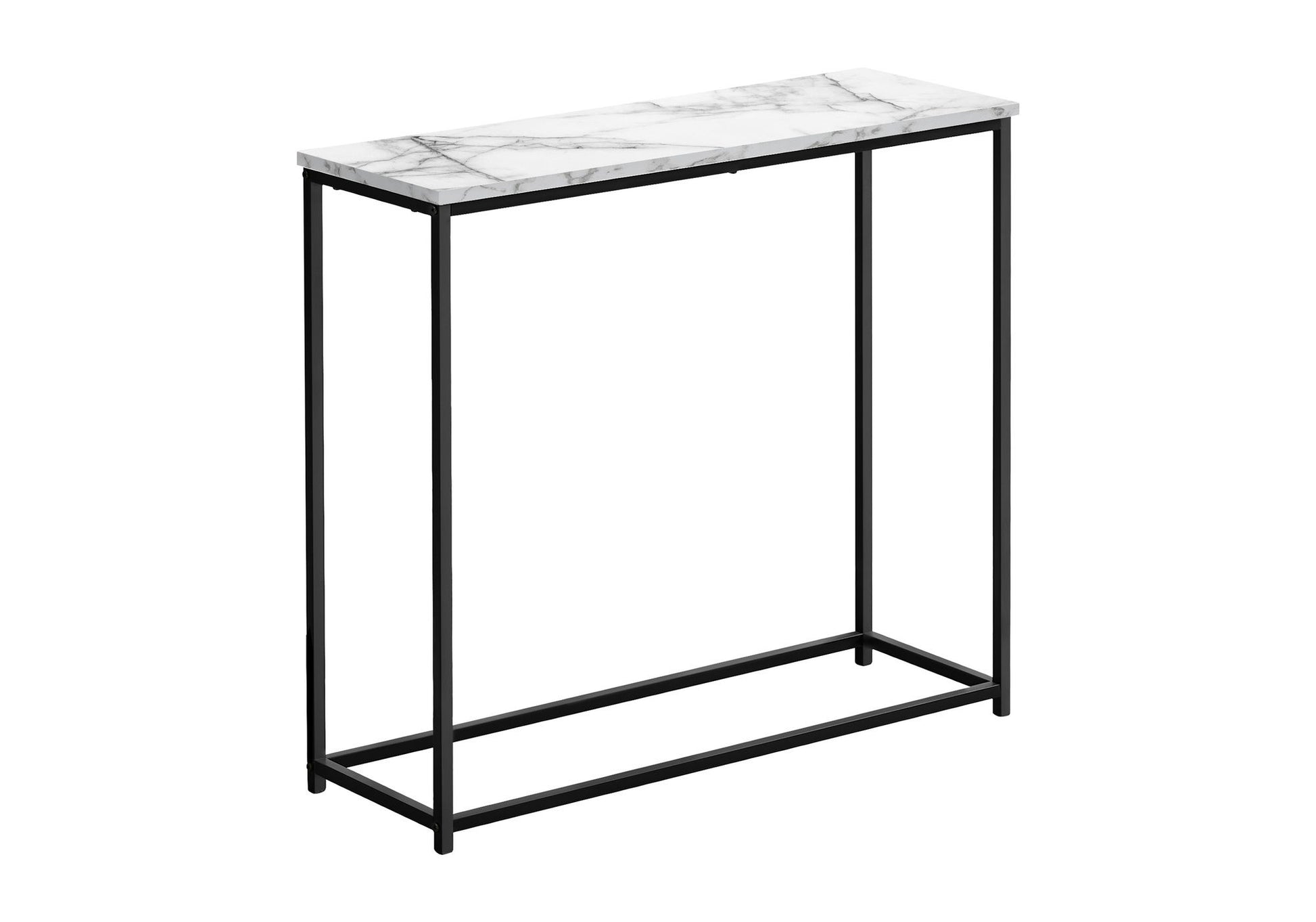 The Accent Console Table For Entryway features a contemporary and modern design with a narrow white marble top and a minimalist black metal frame, offering stable support.