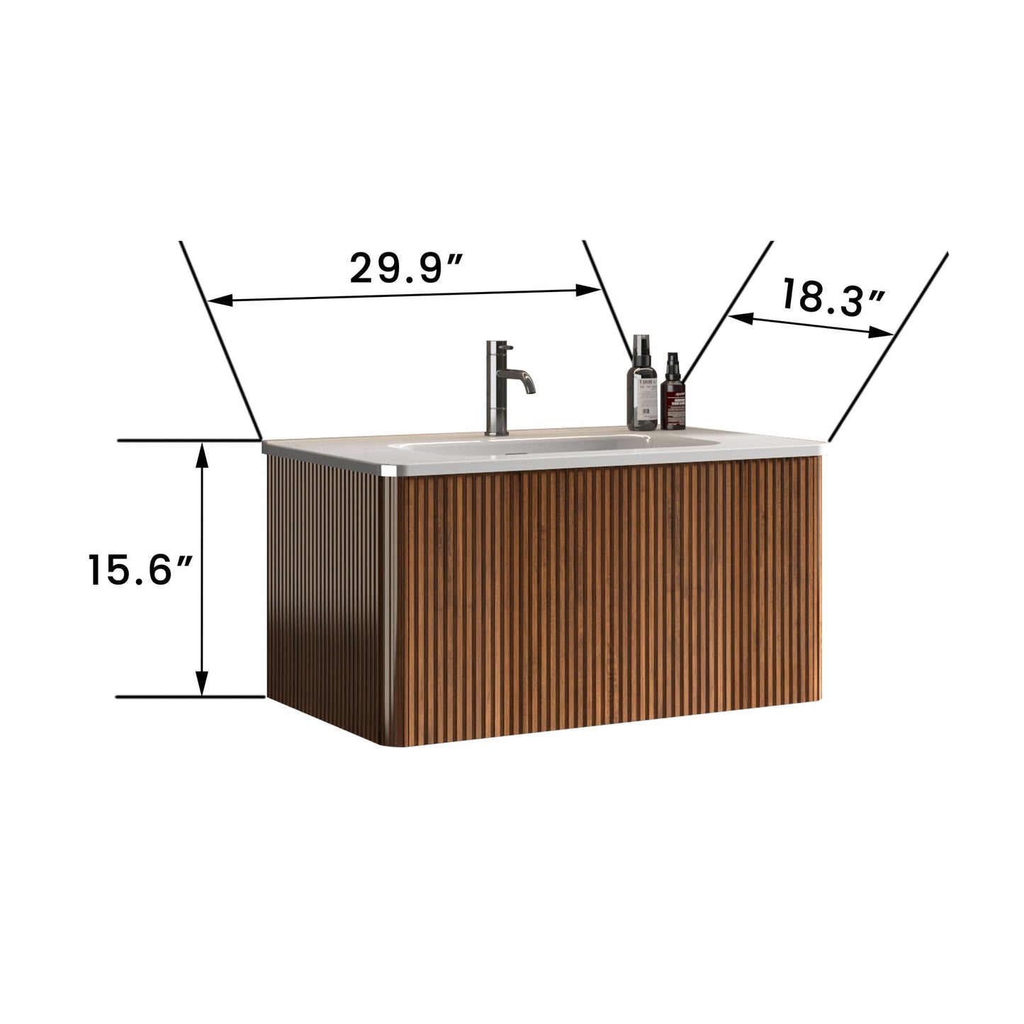The Etna Striped Bathroom Vanity features a ribbed wood finish, ceramic sink, white countertop, and faucet. Wall-mounted and modern, it measures 29.9" wide, 15.6" high, and 18.3" deep—perfect for contemporary bathrooms.