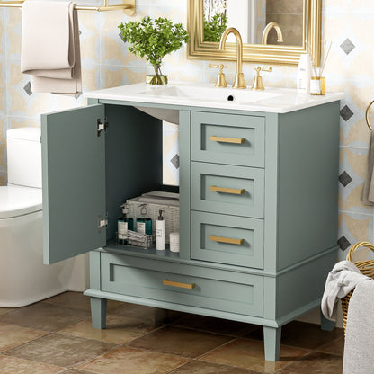 The Bathroom Vanity, Modern Bathroom Cabinet With Sink Combo Set features a soft closing door, 3 drawers, solid wood frame, white sink, and storage space. The door is open to reveal organized toiletries; a potted plant sits on top.