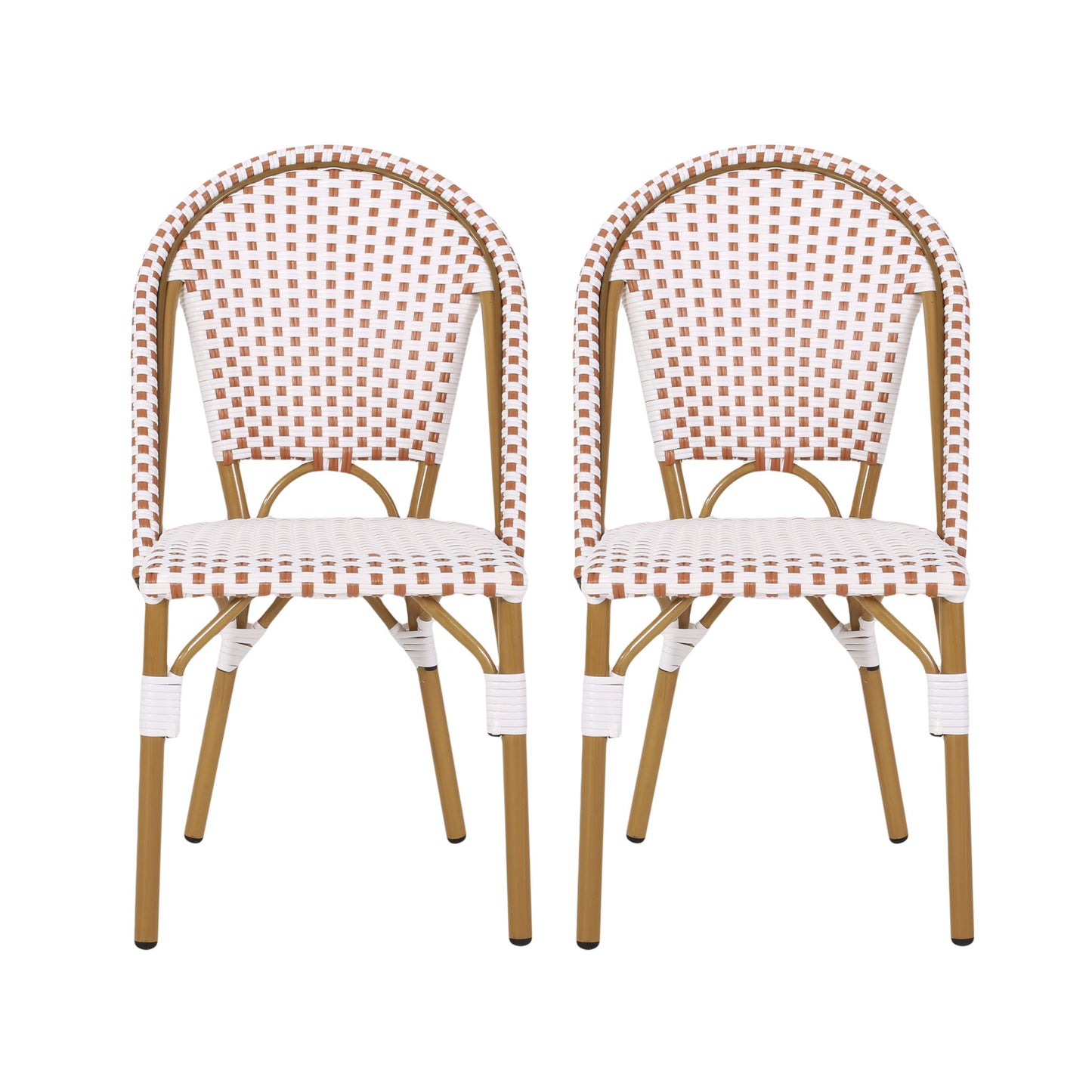 The Outdoor Rattan And Aluminum French Bistro Chairs Set features two chairs with light brown frames and woven white and brown checkered seats and backs, displayed side by side against a white background.