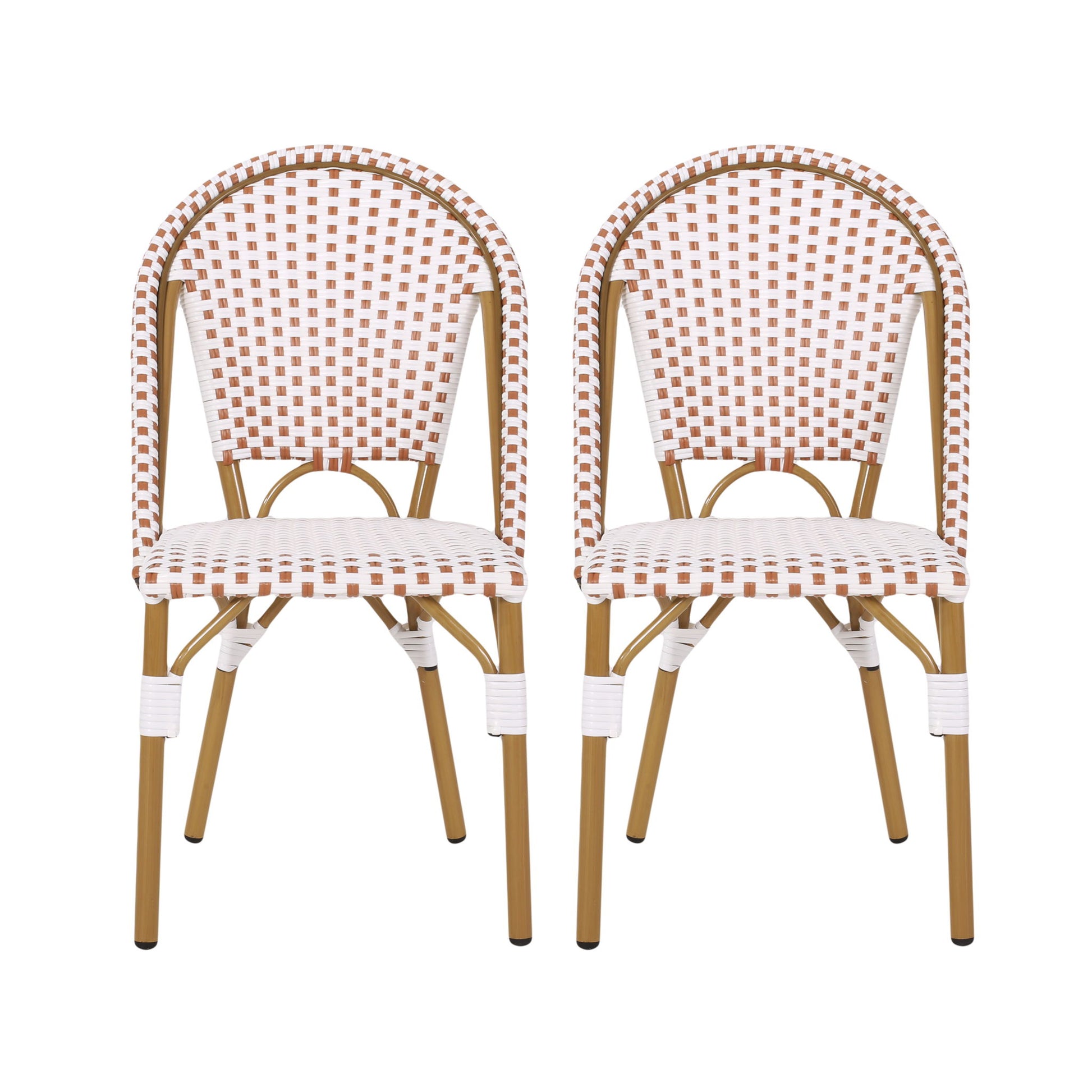 The Outdoor Rattan And Aluminum French Bistro Chairs Set features two chairs with light brown frames and woven white and brown checkered seats and backs, displayed side by side against a white background.