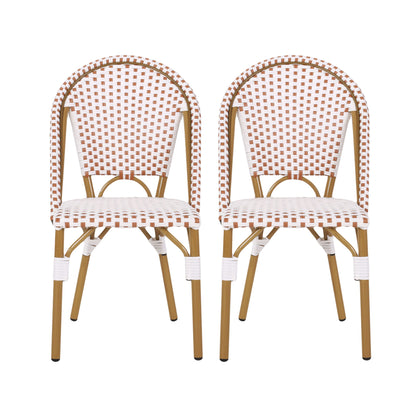 The Outdoor Rattan And Aluminum French Bistro Chairs Set features two chairs with light brown frames and woven white and brown checkered seats and backs, displayed side by side against a white background.