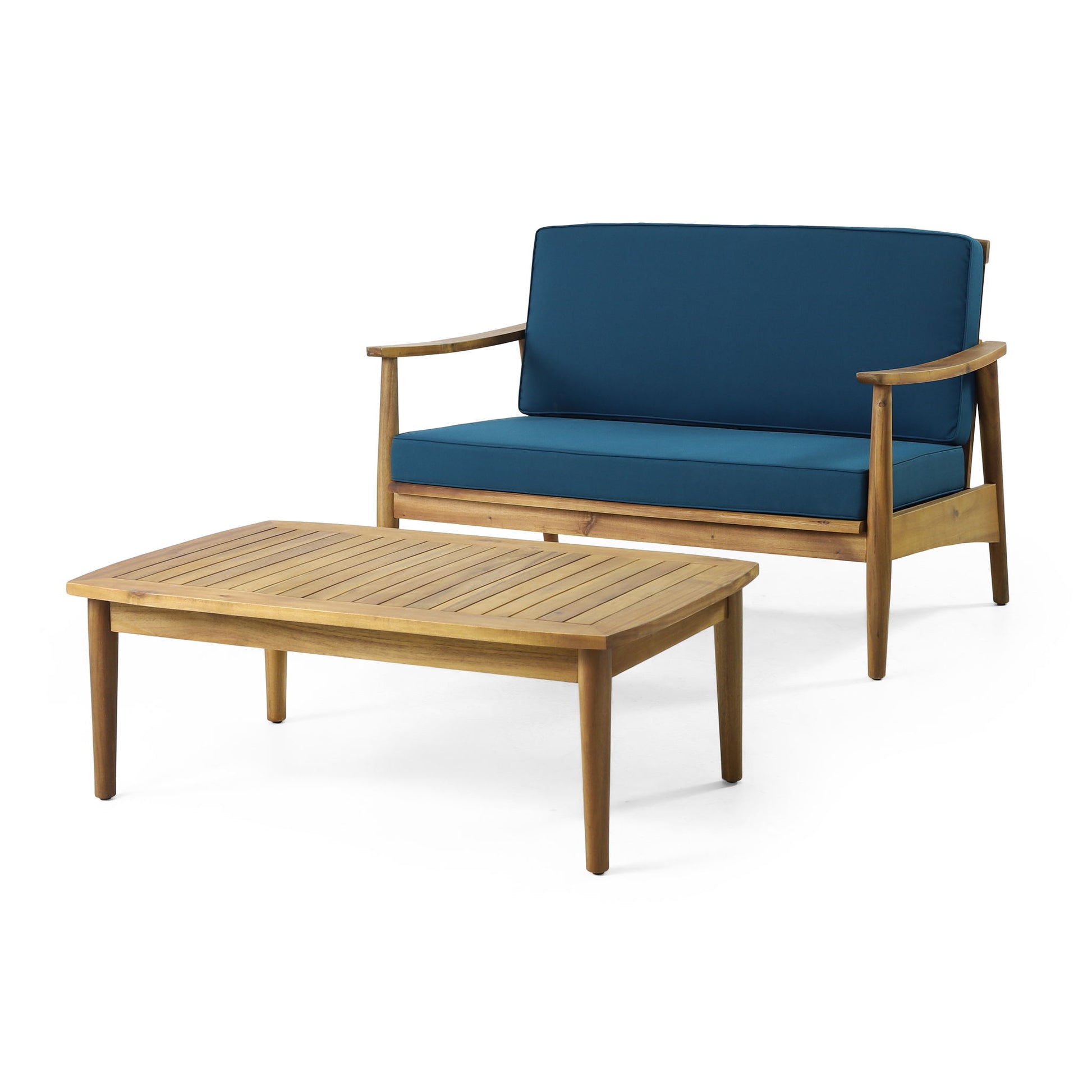 The Outdoor Acacia Wood Loveseat Set With Coffee Table features a modern design with blue cushions on the loveseat and a matching rectangular acacia wood coffee table, perfect for outdoor seating.