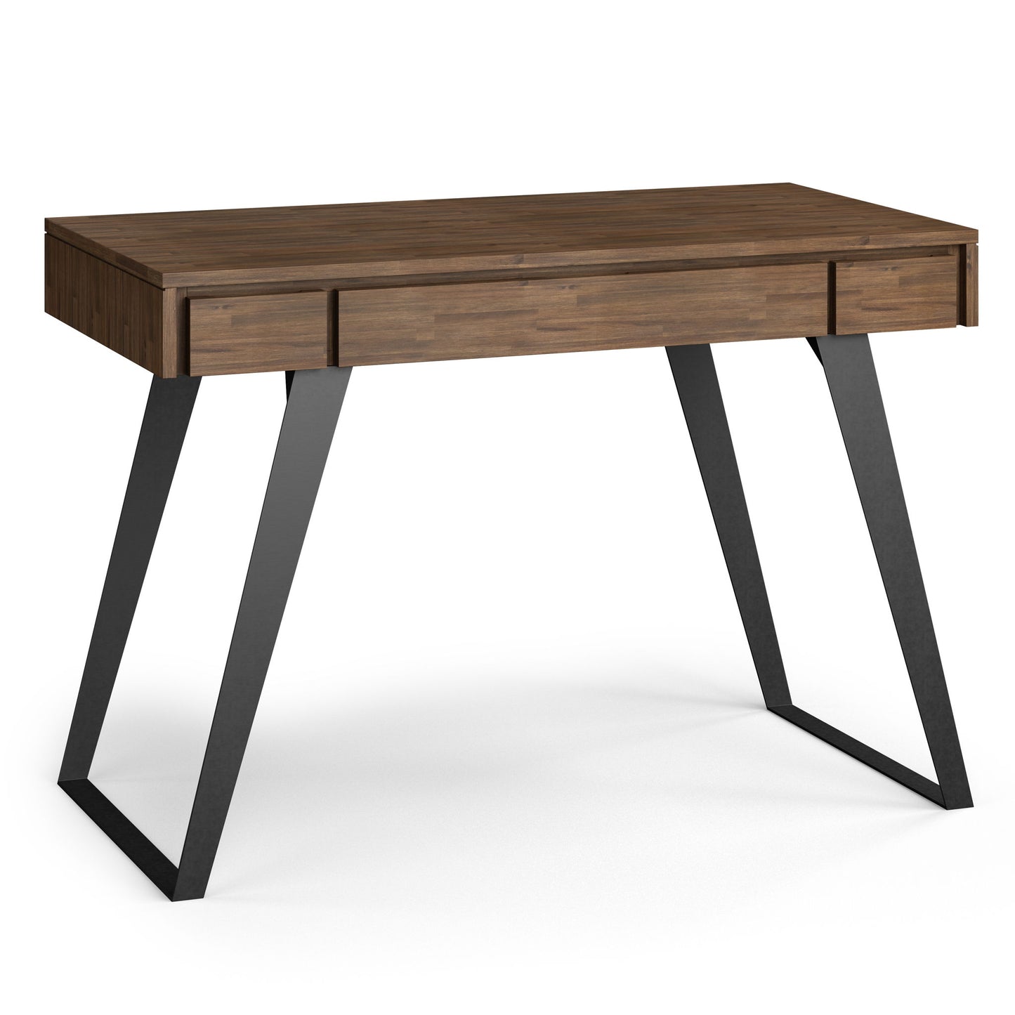 The Lowry - Handcrafted Desk features a wooden top with three slim drawers and two angled black metal legs, creating a sturdy geometric base.