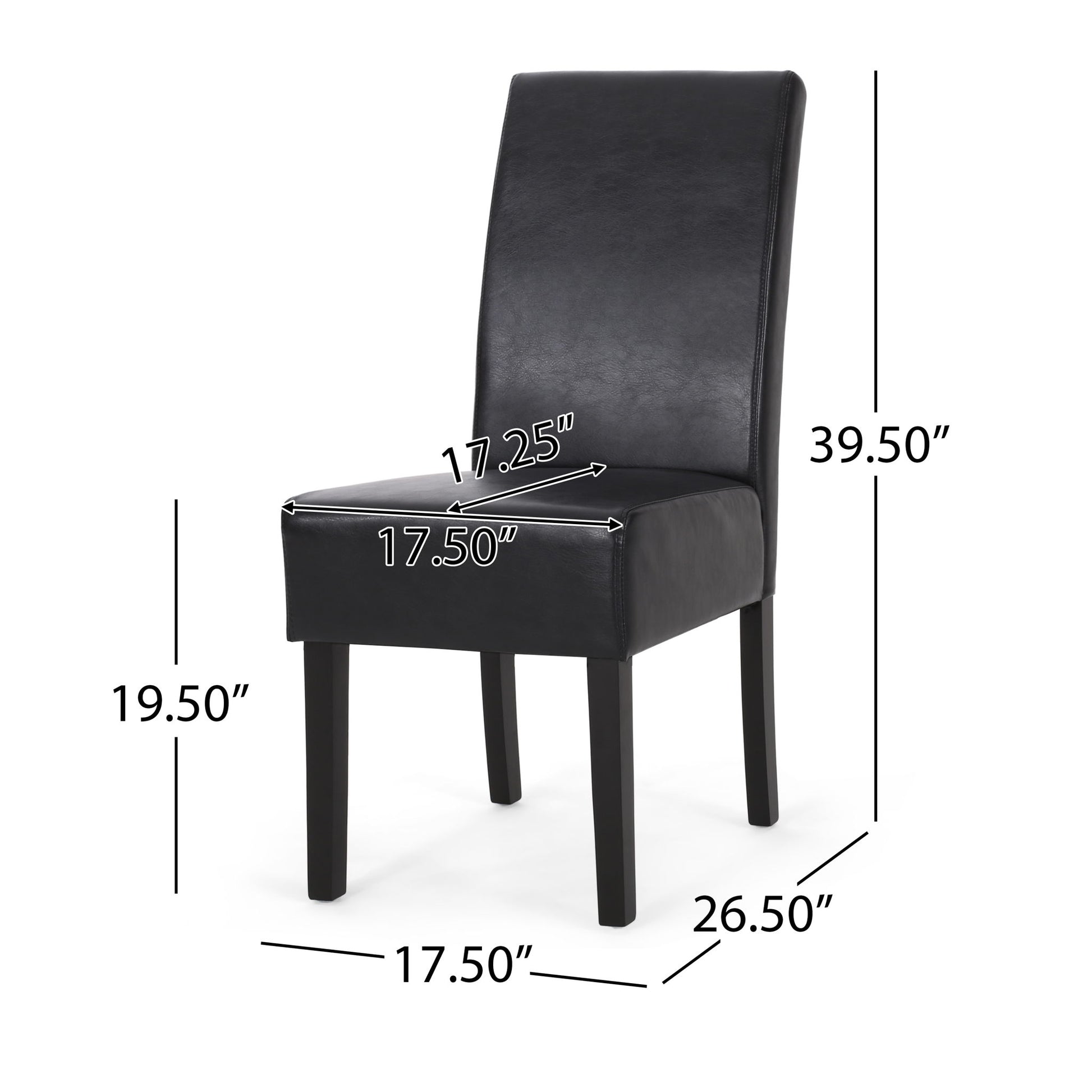 The Contemporary Dining Chair With Rubberwood Legs (Set of 2) features black upholstery, four legs, and dimensions: 39.5" height, 19.5" seat height, 17.5" seat width/depth, 17.25" seat back width, and 26.5" overall depth.