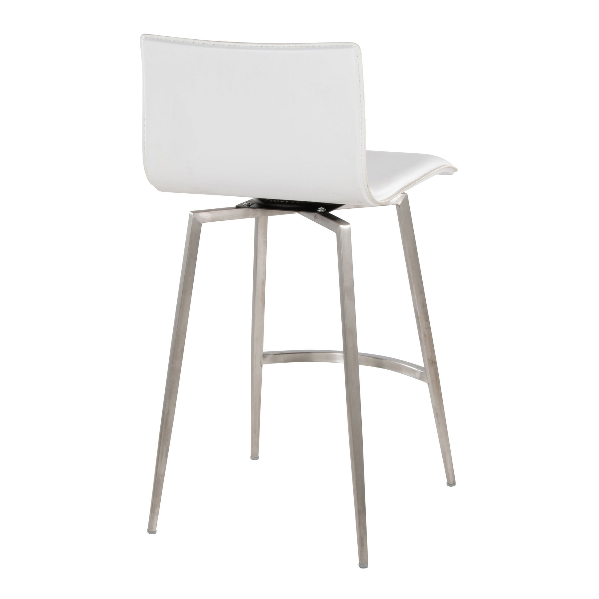 The Mara Upholstered Contemporary Fixed Height Counter Stool with swivel, shown in white with cushioned seat and backrest, features sleek metal legs and a footrest. Displayed as a set of 2 from a rear-side angle on a white background.