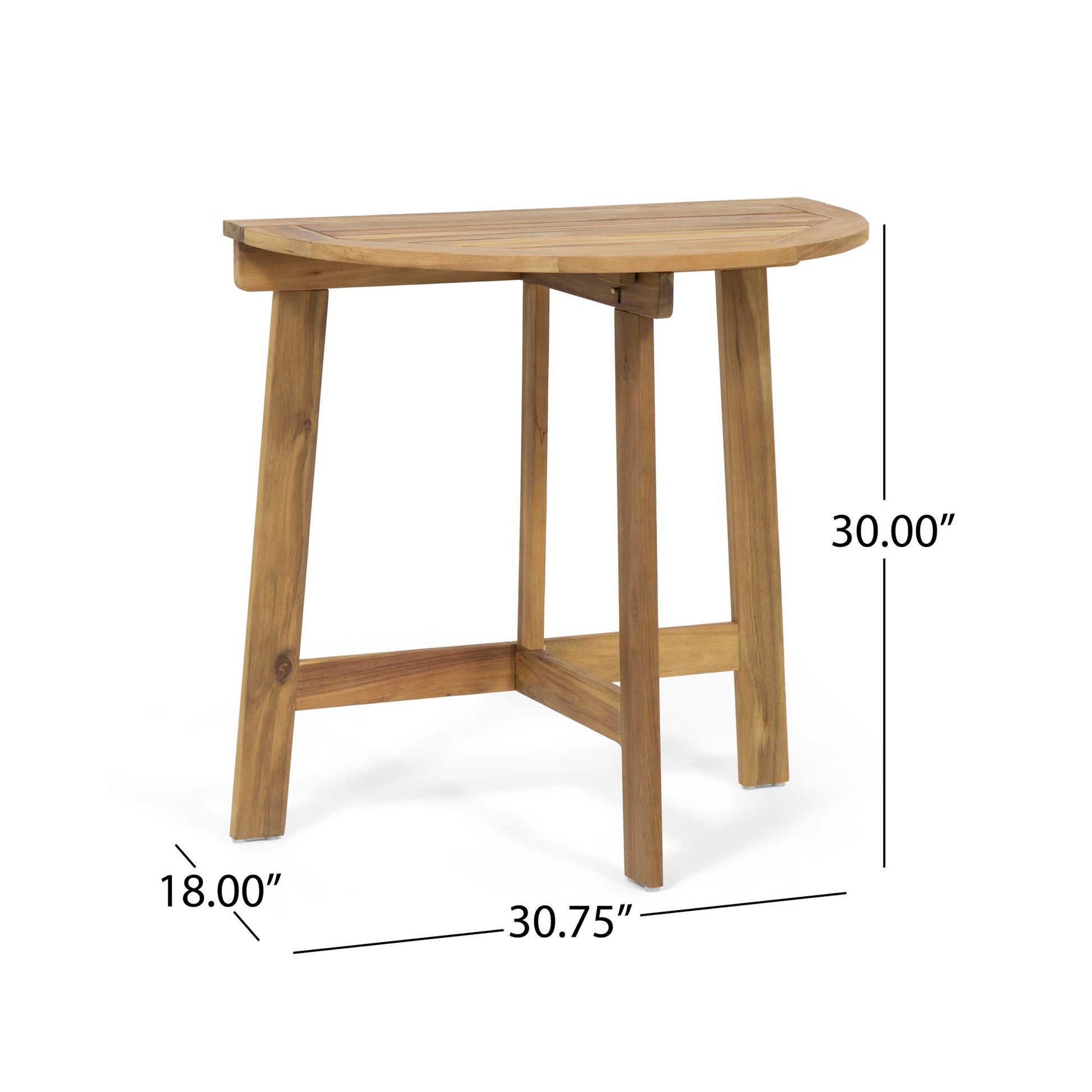 The Outdoor Half Round Folding Acacia Wood Bistro Table features a semicircular top, three legs, and measures 30" tall, 18" deep, and 30.75" wide.