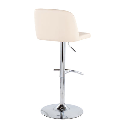 The Toriano Contemporary Adjustable Barstool Set of 2 features a cream cushioned seat and backrest, chrome base, rounded T footrest, swivel function, and height adjustment lever—shown here from the back.