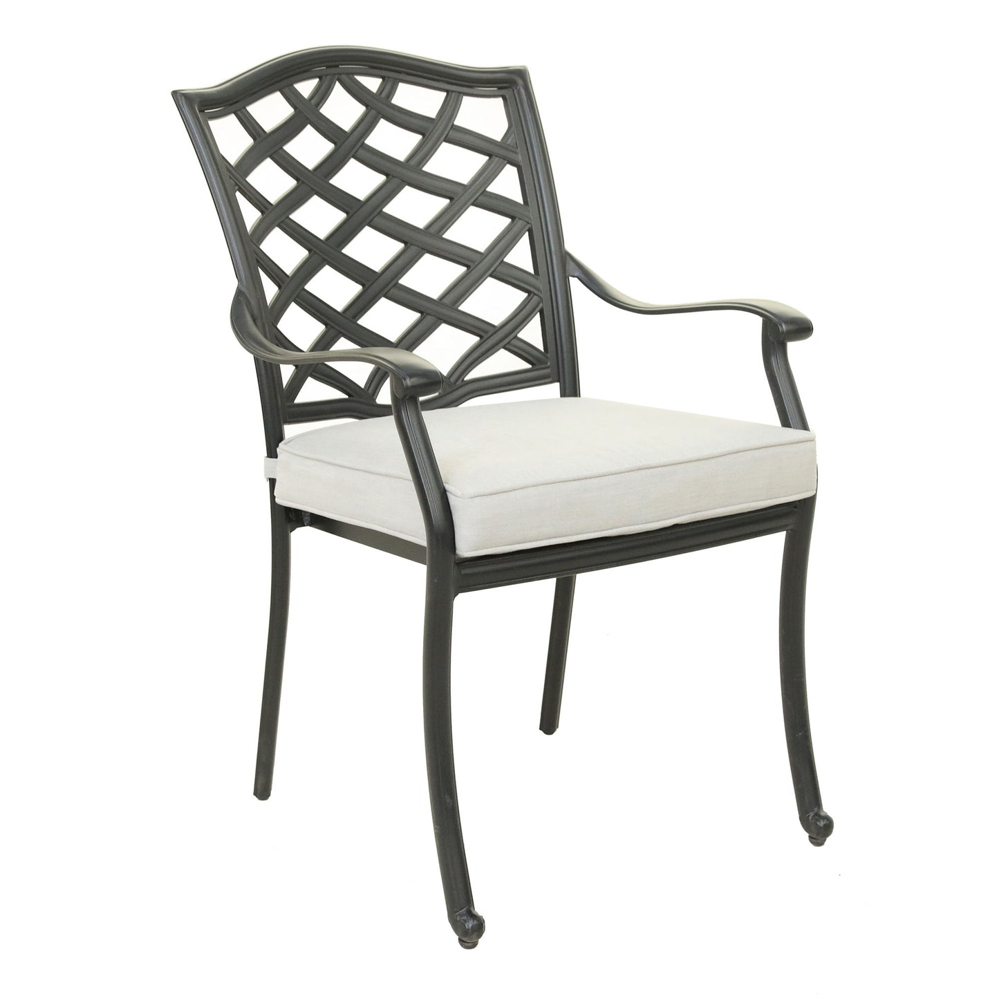 The Aluminum Dining Arm Chair With Cushion (Set of 2) - Cast Silver features a modern lattice backrest, curved arms and legs, plus light beige seat cushions for an elegant touch.