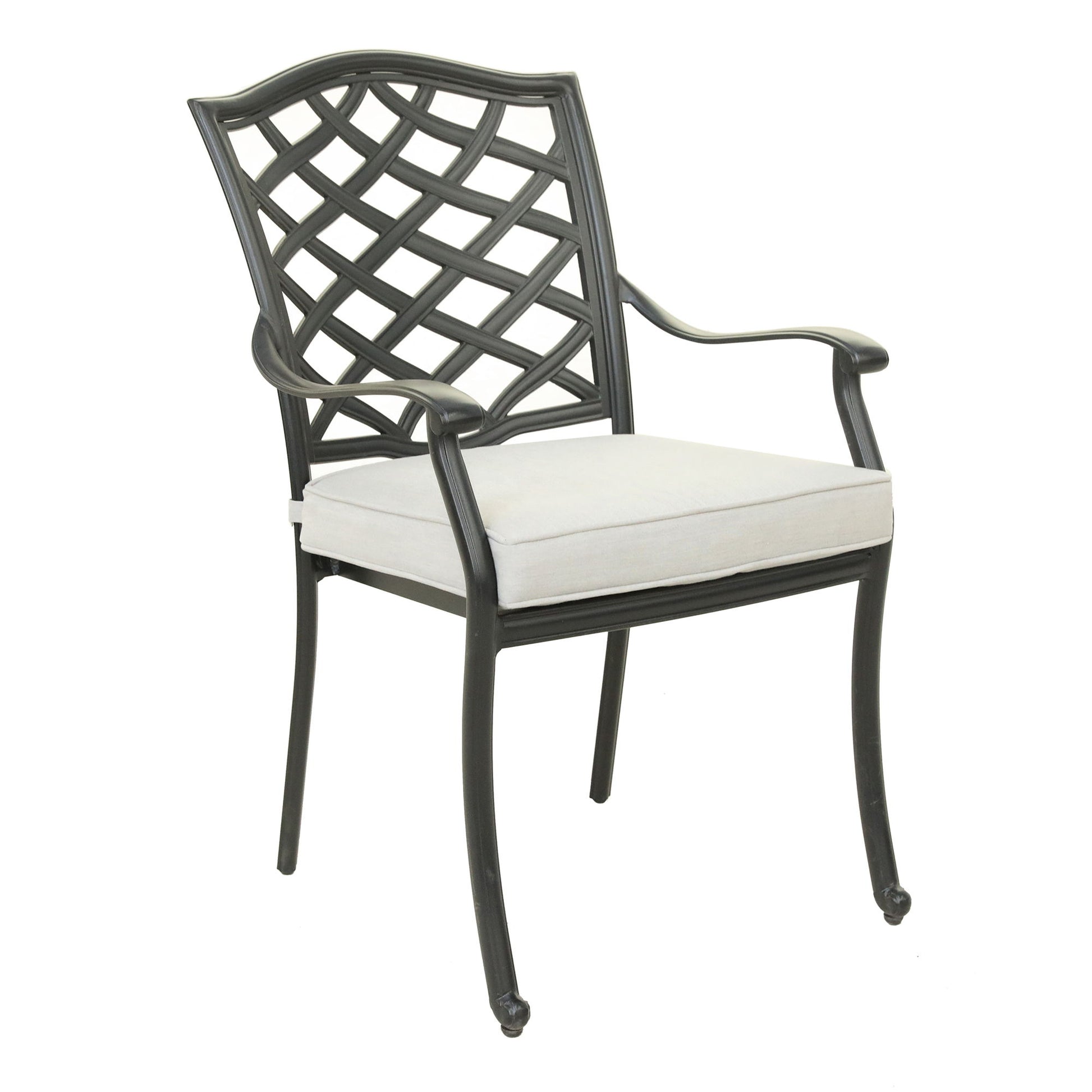The Aluminum Dining Arm Chair With Cushion (Set of 2) - Cast Silver features a modern lattice backrest, curved arms and legs, plus light beige seat cushions for an elegant touch.