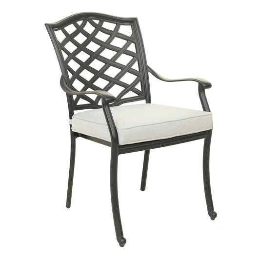 The Aluminum Dining Arm Chair With Cushion (Set of 2) - Cast Silver features a modern lattice backrest, curved arms and legs, plus light beige seat cushions for an elegant touch.