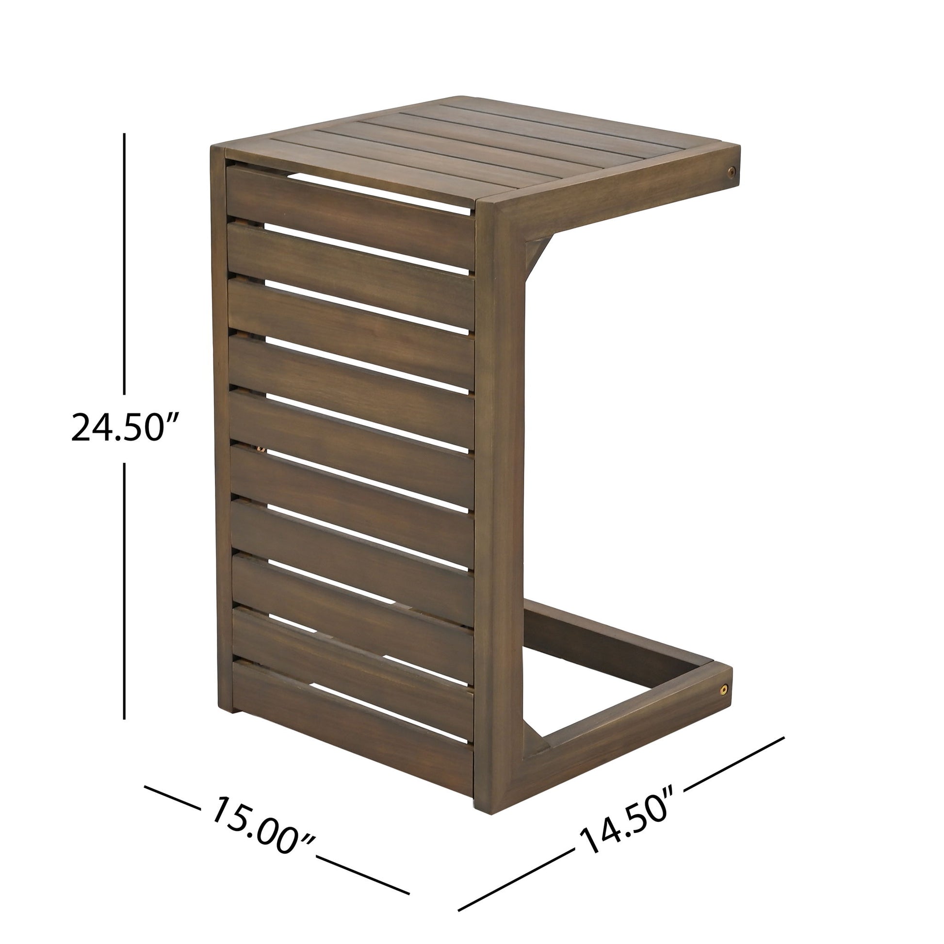 An aluminum outdoor C-shaped side table for patio use, featuring a modern design and brown finish; measures 24.5" high, 15" deep, and 14.5" wide with horizontal slats.