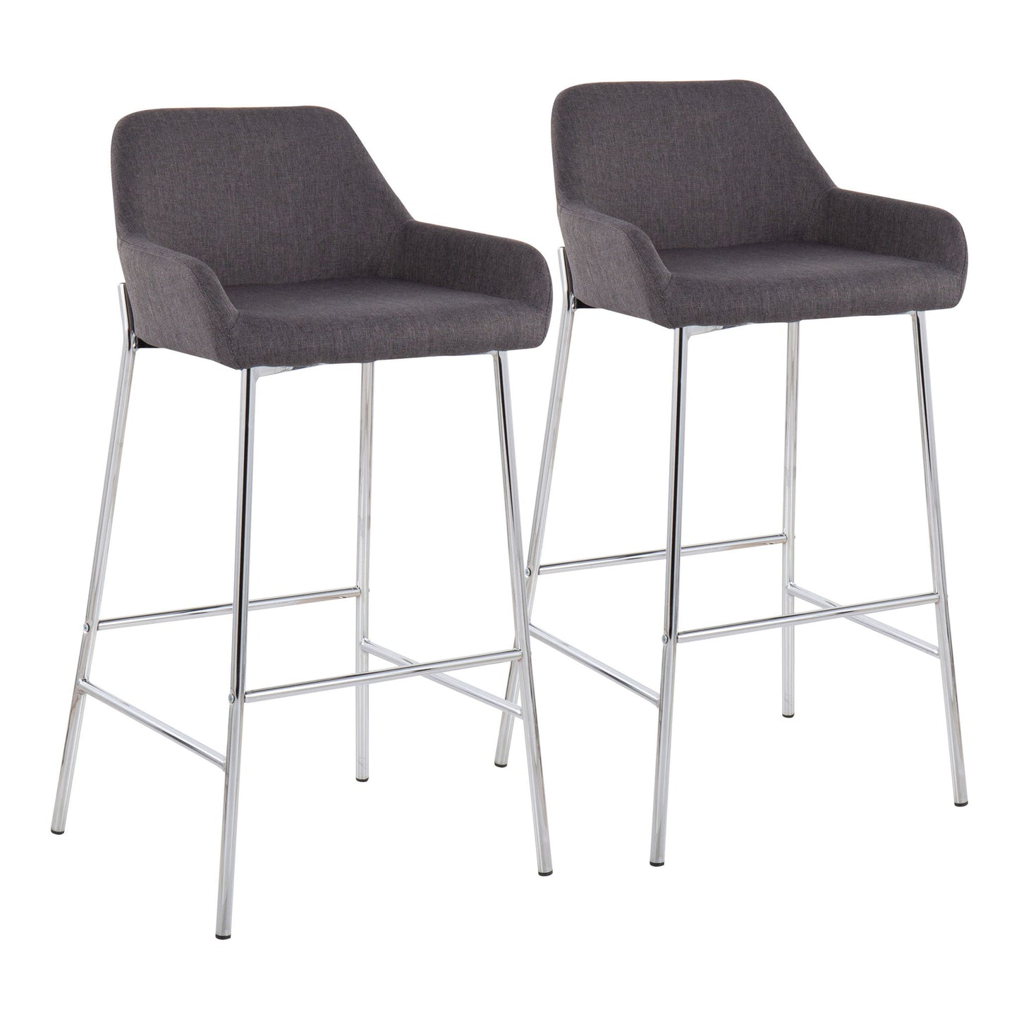 The Daniella Contemporary Fixed Height Bar Stool (Set of 2) features dark gray upholstered seats and backs, armrests, and slender chrome legs with footrests for a sleek, modern look.