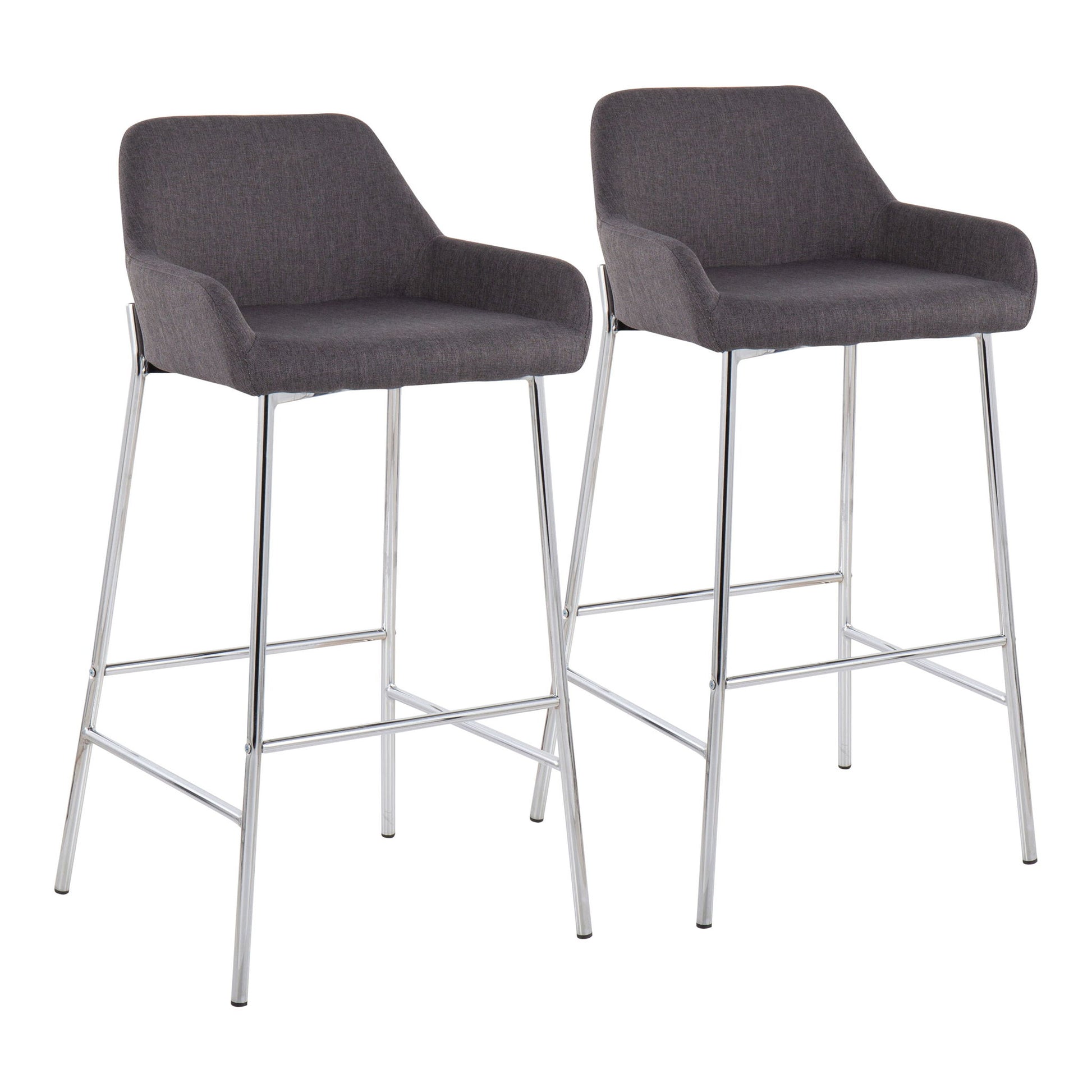 The Daniella Contemporary Fixed Height Bar Stool (Set of 2) features dark gray upholstered seats and backs, armrests, and slender chrome legs with footrests for a sleek, modern look.