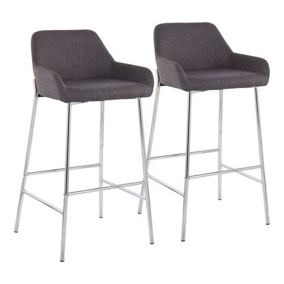 The Daniella Contemporary Fixed Height Bar Stool (Set of 2) features dark gray upholstered seats and backs, armrests, and slender chrome legs with footrests for a sleek, modern look.