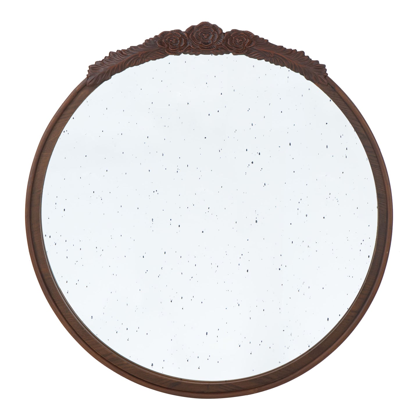 The Round Hand Carved Rose Antique Mirror Frame is a wall mirror for living spaces, featuring a dark wooden frame with carved roses at the top and slightly speckled vintage-style glass.