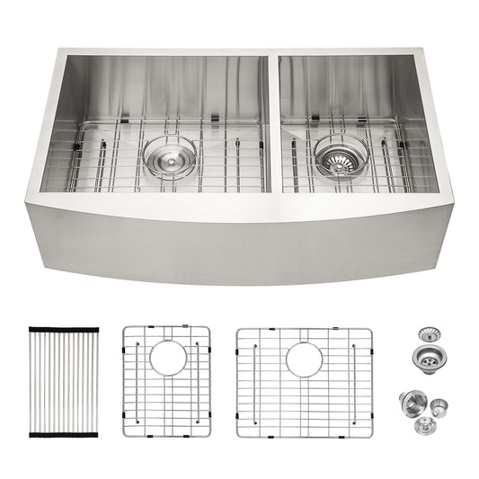 Double Bowl Farmhouse Sink Stainless Steel Undermount Apron Front With 2 9" Deep Basins - Gray