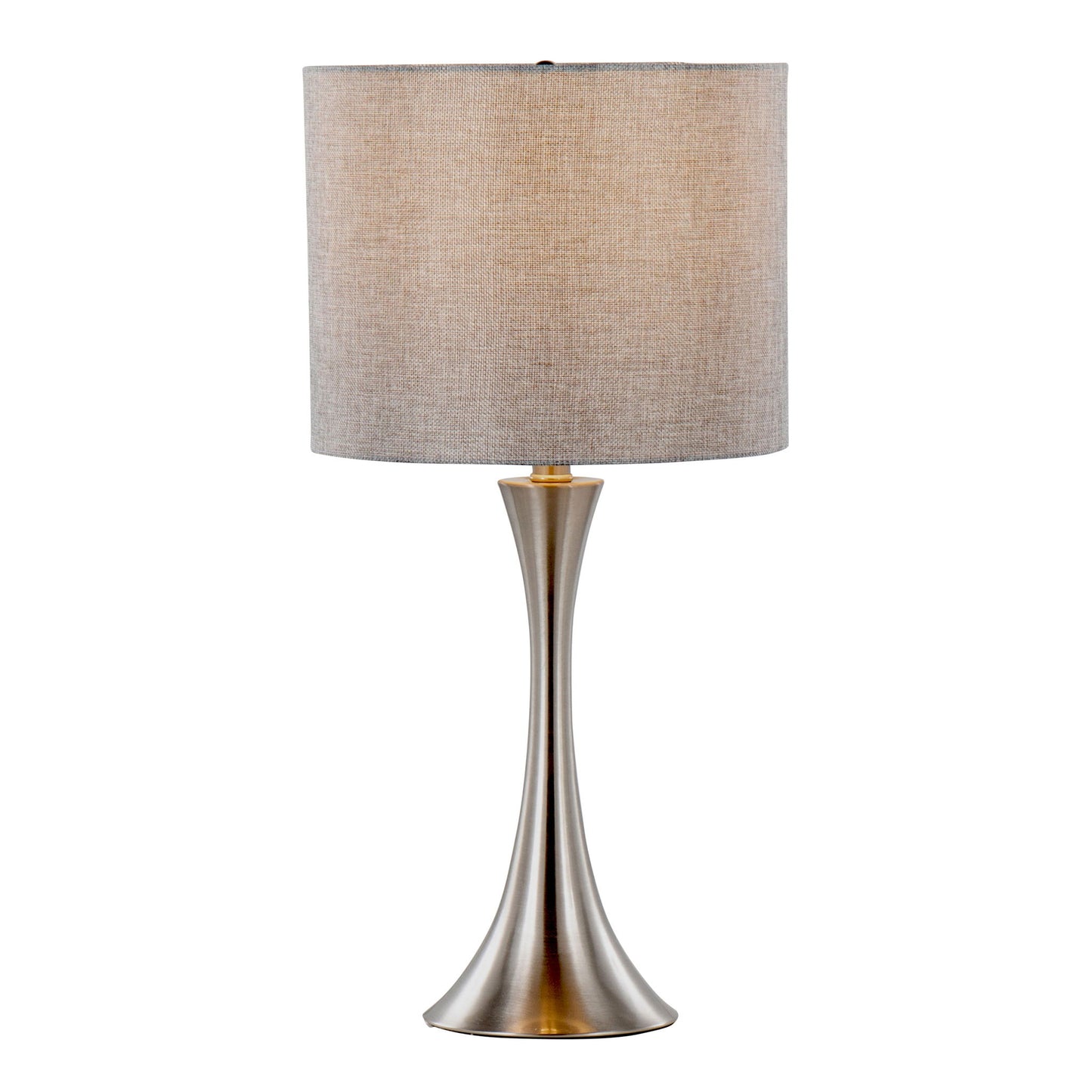 The Lenuxe - Contemporary Semi Gloss Table Lamp (Set of 2) features an hourglass-shaped brushed metallic base and a cylindrical grey fabric shade, shown against a white background.