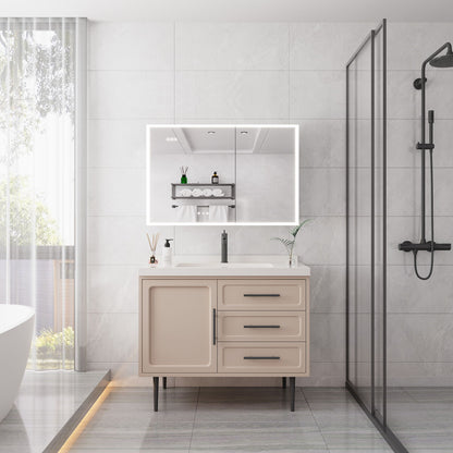 Modern bathroom with a light beige vanity, three drawers, and a sink beneath a Bathroom Medicine Cabinet With Lights—an LED medicine cabinet with mirror and defogger. A glass shower is on the right; sheer curtains on the left let in natural light.