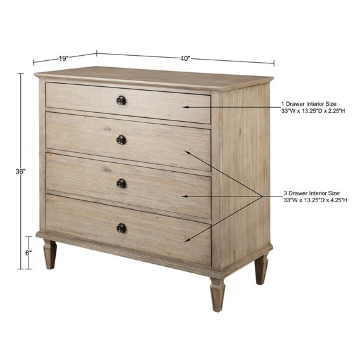 The French Inspired Small Dresser - Wire Brushed Light Natural features four drawers with black knobs and angled legs. Measures 40"W x 36"H x 19"D; top drawer is smaller, bottom three are equal size, with labeled interior dimensions.