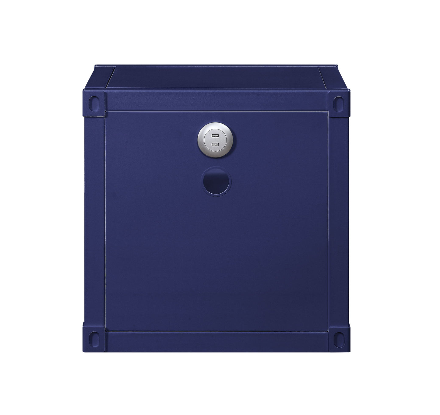The Cargo - Nightstand With USB is a square, dark blue storage box with a closed front, a circular silver button, and a round cutout below it, displayed against a white background.