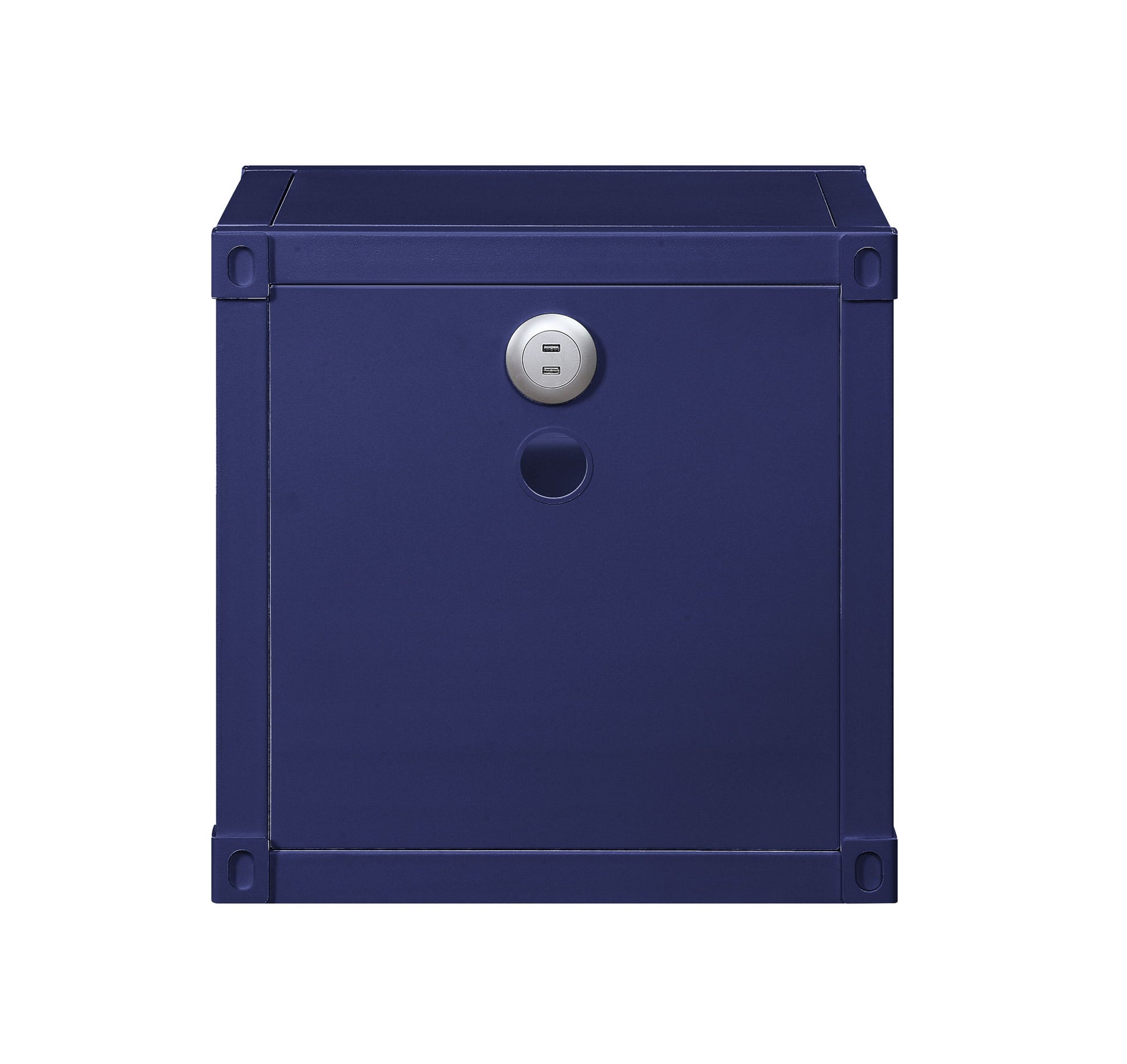 The Cargo - Nightstand With USB is a square, dark blue storage box with a closed front, a circular silver button, and a round cutout below it, displayed against a white background.
