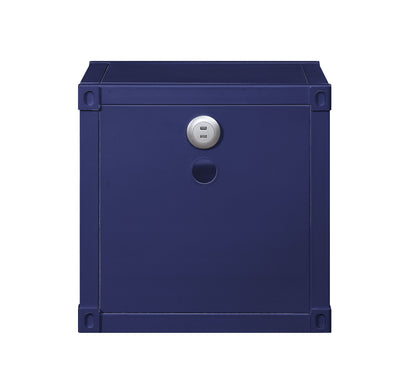 The Cargo - Nightstand With USB is a square, dark blue storage box with a closed front, a circular silver button, and a round cutout below it, displayed against a white background.