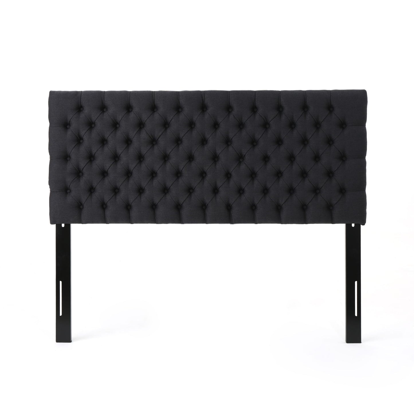 The Annecy - Contemporary Upholstered Headboard is black, rectangular, features tufted upholstery with button detailing, and includes two black legs. Shown against a white background.