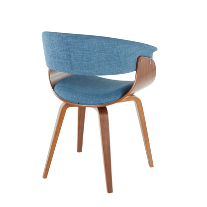 The Vintage Mod - Mid Century Modern Dining Chair (Set of 2) features light wooden legs, a curved backrest, and a blue fabric-upholstered seat, shown against a white background.